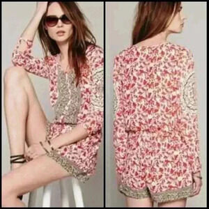 Free People Resort Tribal Drawstring Wait Boho Romper in Gardenia Combo Size XS